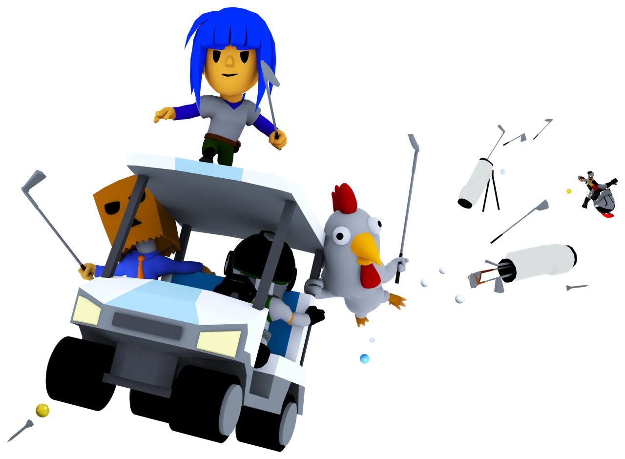 A golf cart full of golfers, a chicken and flying clubs speeds out of the screen