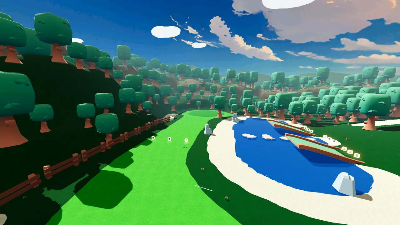 A golfer lines up a shot on Puddle Pines, with a lake and boats beside the fairway
