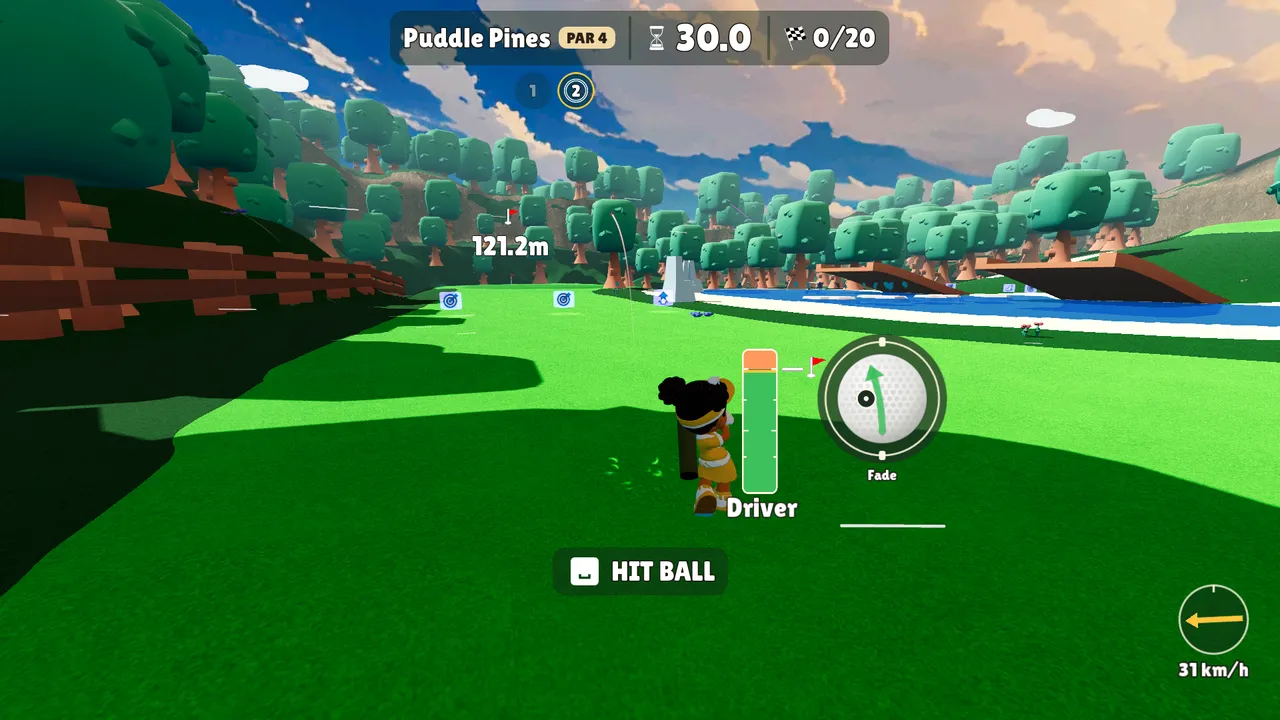 Aiming with the hit meter on Puddle Pines, the game HUD showing the hole timer