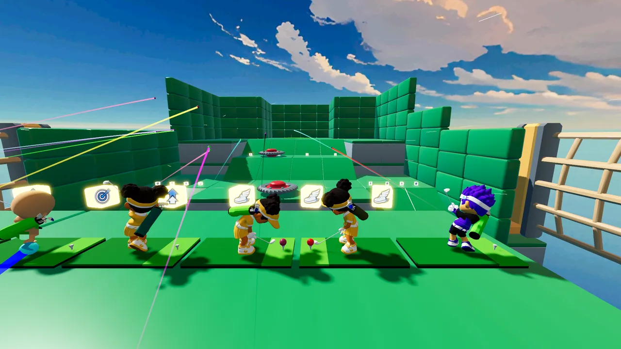 A row of golfers tees off together on Hurry Up Hill