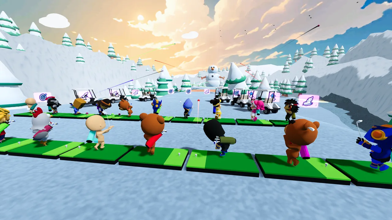 Twenty golfers swing at once on the snowy tee of Blizzard Basin